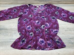 Inked & Faded Women's Purple Floral Sheer V-Neck 3/4 Sleeve Blouse Medium